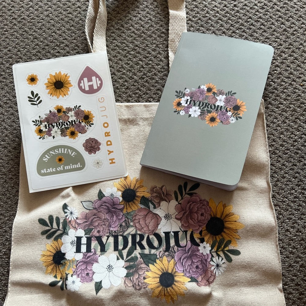 HydroJug Sunflower tote, stickers and journal from PR Box